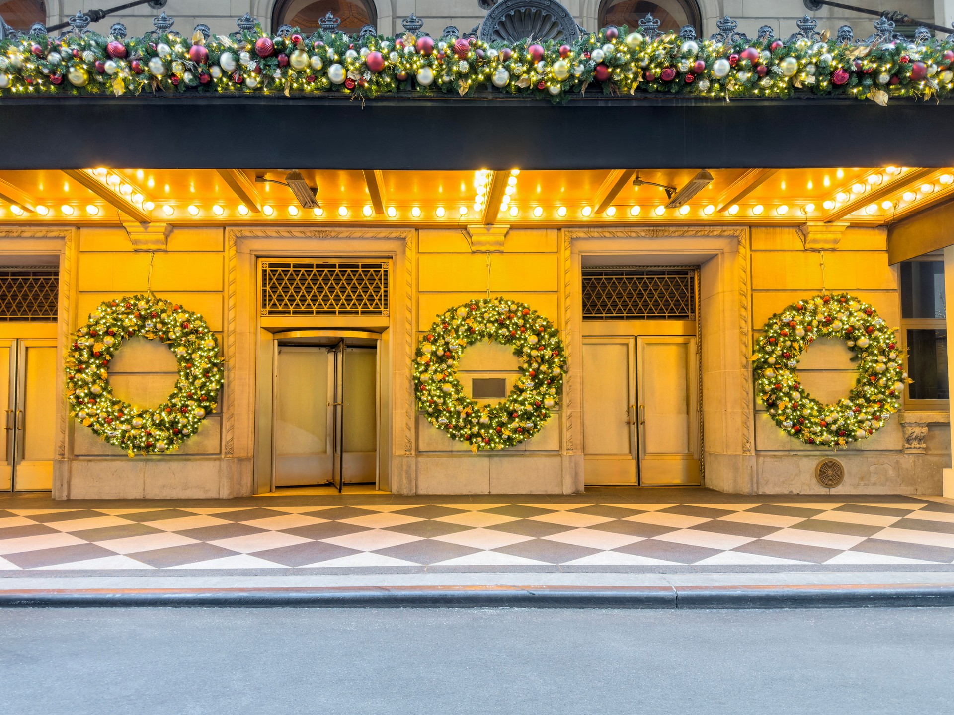 Store entrance with Christmas ornaments